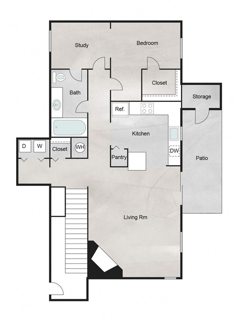 Floor plan for 1 bed, 1 bath, 913 sqft